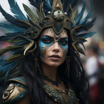a woman with blue and gold makeup and feathers on her head generative ai photo