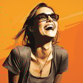 a woman with glasses and a smile on an orange background generative ai photo