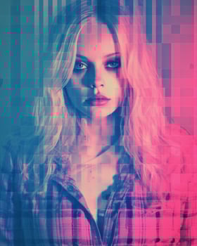 a woman with long blonde hair and a checkered shirt generative ai photo
