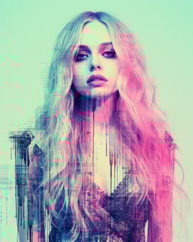 a woman with long blonde hair and a pink and blue background generative ai photo