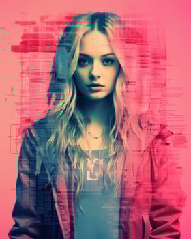 a woman with long blonde hair and a pink jacket generative ai photo