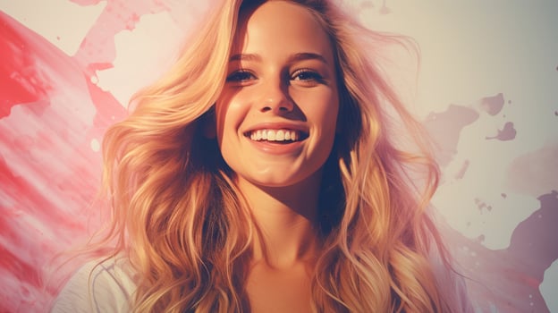 a woman with long blonde hair smiling in front of a red and pink background generative ai photo