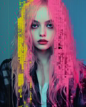 a woman with long hair and pink and yellow hair generative ai photo