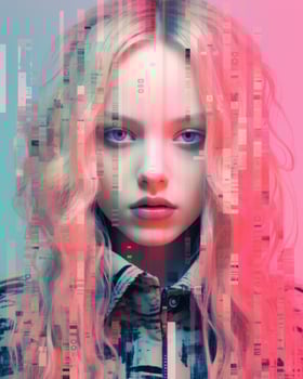a woman with pink and blue hair in front of an abstract background generative ai photo