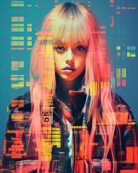 a woman with pink hair and a jacket in front of a colorful background generative ai photo