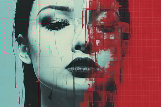a womans face with red and blue splotches on it generative ai photo