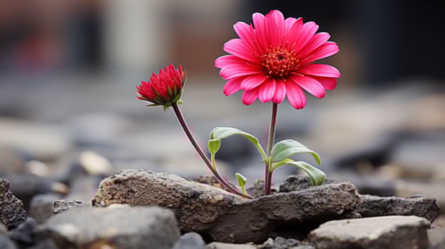 two pink flowers growing out of a crack in the ground generative ai photo