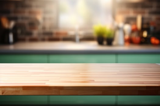Blur kitchen room background with wooden table top contemporary green interior photo
