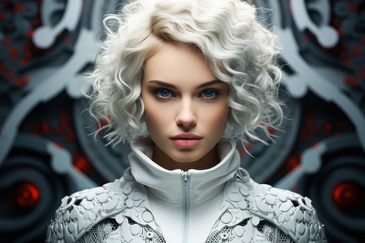 Futuristic fantasy backdrop shapes a portrait featuring a focused woman photo