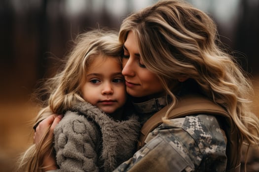 Active duty military moms neck lovingly hugged by little girls hands photo