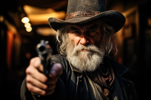 Front facing cowboy gun drawn prepares for wild west town duel photo