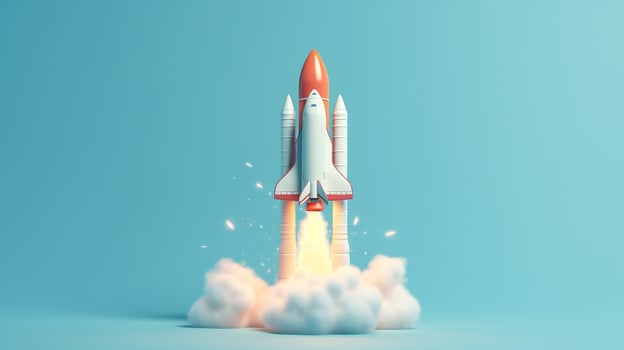 A rocket launching in blue background. 3d render illustration. AI Generated photo
