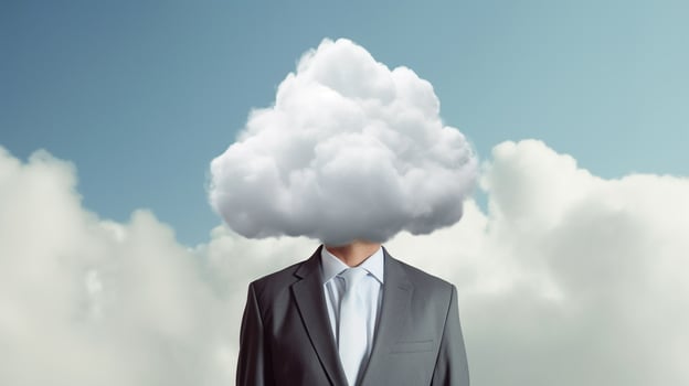 Businessman with white cloud instead of head. Minimal concept. Businessman with zero management ideas and have lot of problems. AI Generated photo