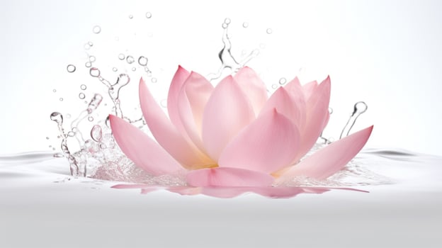 Pink lotus flower petals drop into water and make a beautiful water splash. Product photo concept. AI Generated