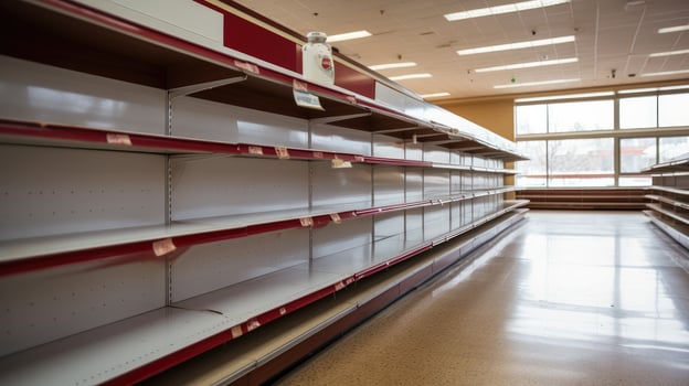 Empty shelves with sale signs in a grocery store photo