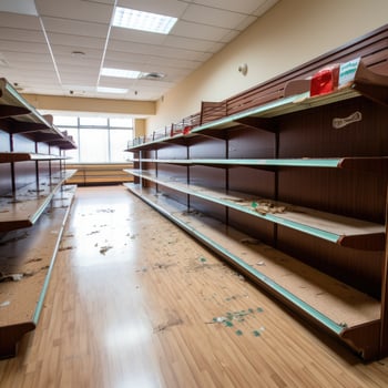 Empty shelves with sale signs in a grocery store photo