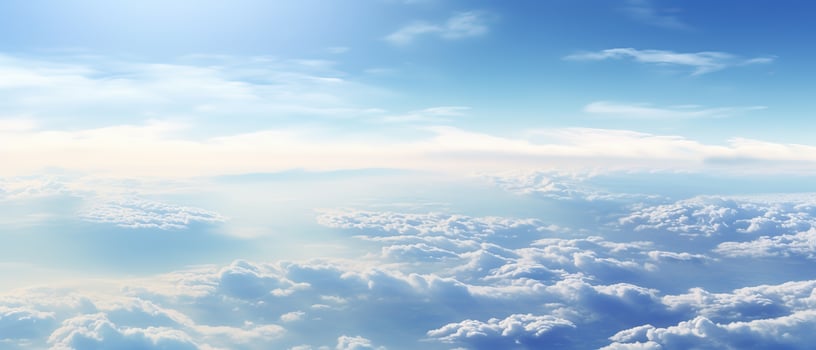 Panoramic view of fields and clouds from an airplane window. The sky is a bright blue with fluffy white clouds. Generative AI photo
