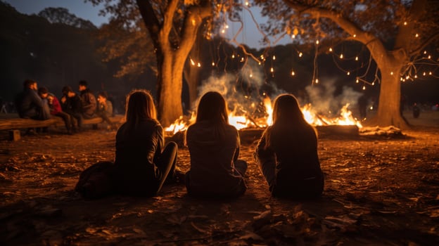 Friends sitting around a bonfire in the woods.. Generative AI photo