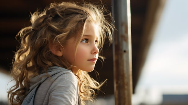 Close-up portrait of a young girl with wavy hair, looking off to the side.. Generative AI photo