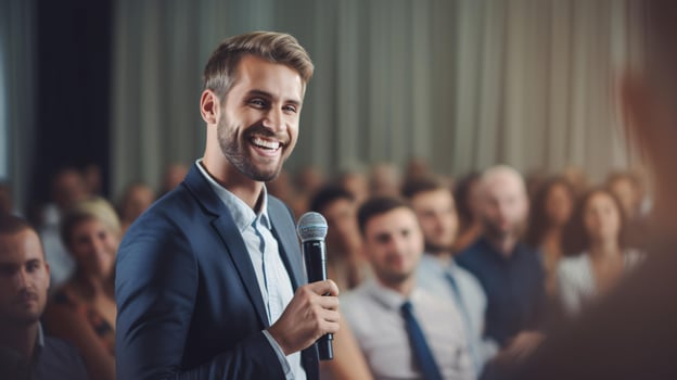 A man speaking into a microphone in front of a crowd AI Generated photo