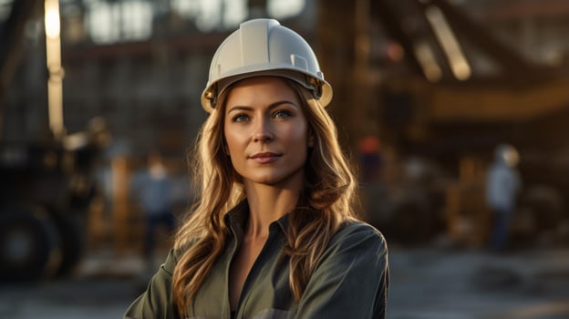 Photo of a woman wearing a hard hat in a factor AI Generated