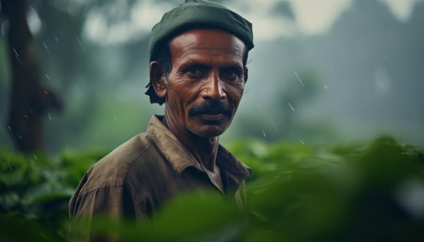 A man wearing a green hat standing in the rain AI Generated photo