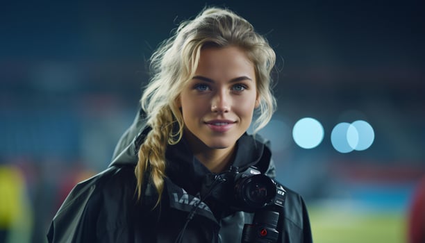 A woman with a camera in a stylish black jacket AI Generated photo