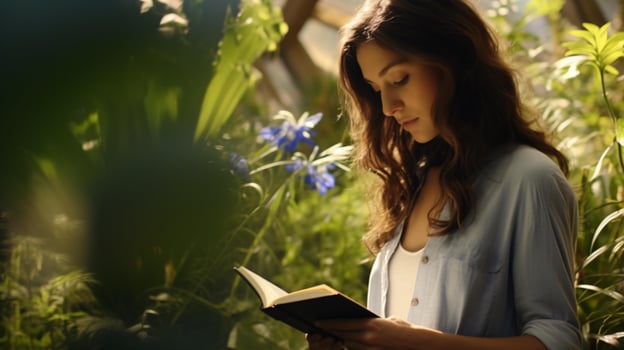 A woman enjoying a book in a serene garden setting AI Generated photo