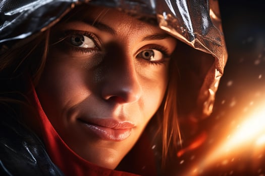 A woman in a raincoat gazing into the distance AI Generated photo