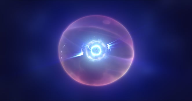 Abstract purple energy sphere with flying glowing bright particles, science futuristic atom with electrons hi-tech background photo