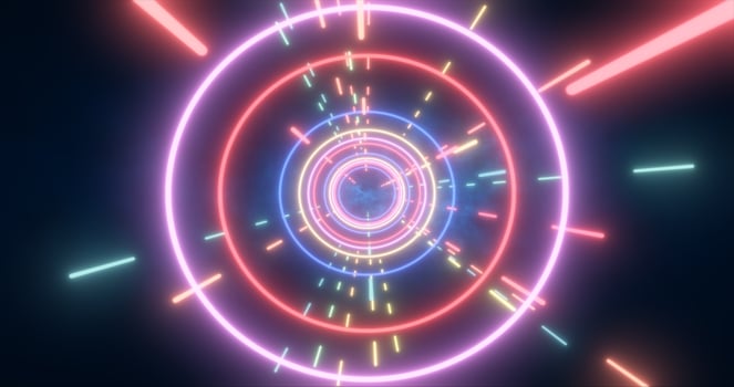Abstract multi-colored energy futuristic hi-tech tunnel of flying circles and lines neon magic glowing background photo