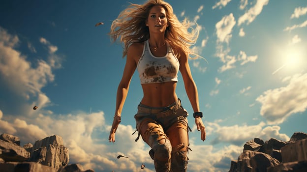 Beautiful young woman athlete running with hair flying photo