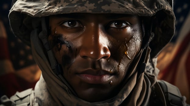 A man American soldier military marine stands against the background of the American flag as a symbol of independence. Face close-up photo