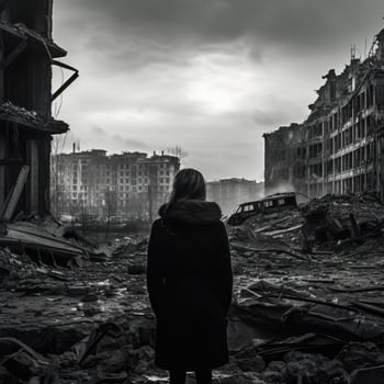 A girl in a black coat stands in front of a destroyed building. AI generated photo