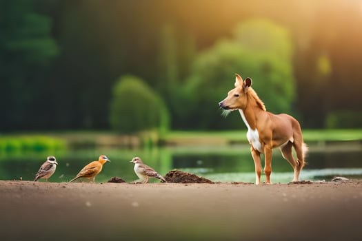 a dog and birds standing next to a pond. AI-Generated photo