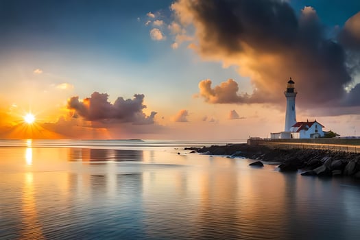 a lighthouse sits on the shore of a body of water at sunset. AI-Generated photo