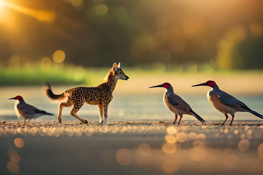 a cheetah and birds walking on the beach. AI-Generated photo