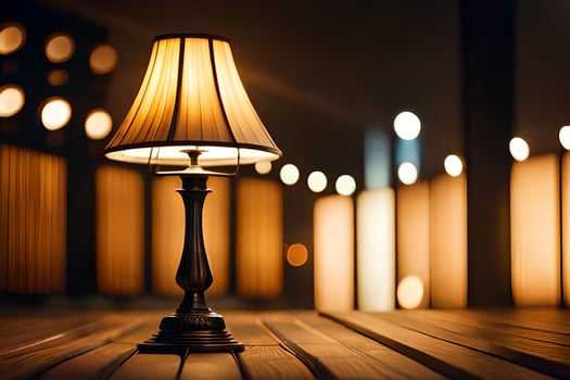 a lamp on a wooden table in front of a city. AI-Generated photo
