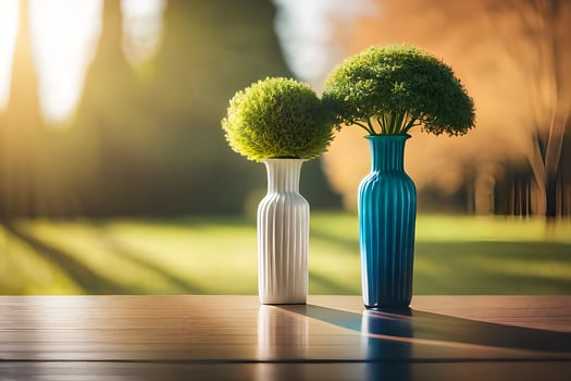 two vases with green plants sitting on a table. AI-Generated photo