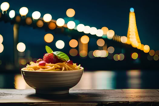 pasta in a bowl with a bridge in the background. AI-Generated photo