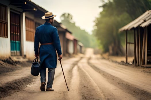 a man in a blue suit and hat walking down a dirt road. AI-Generated photo