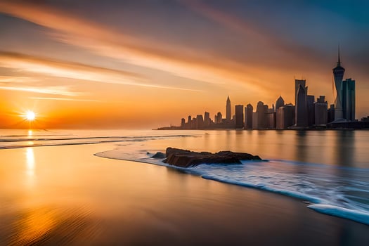 the sun sets over the city skyline in dubai. AI-Generated photo