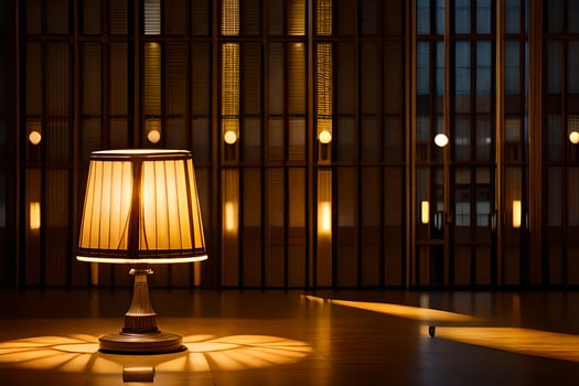 a lamp is sitting on a table in a room. AI-Generated photo