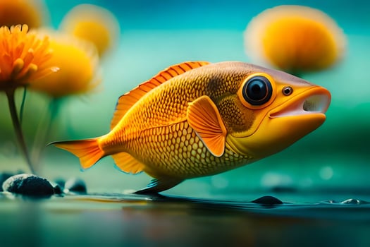 a fish with big eyes and a yellow flower. AI-Generated photo