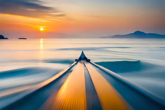 a boat is sailing in the ocean at sunset. AI-Generated photo