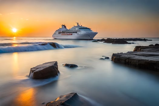 a cruise ship in the ocean at sunset. AI-Generated photo