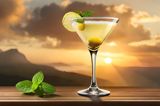 a martini with lemon and mint on a table in front of a sunset. AI-Generated photo