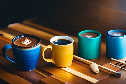 four coffee cups with latte art on them. AI-Generated photo
