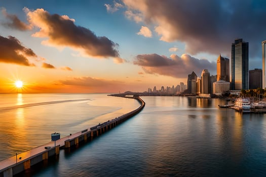the sun sets over the city skyline in dubai. AI-Generated photo