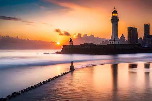 a lighthouse stands in the water at sunset. AI-Generated photo